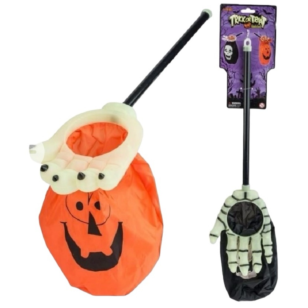 Trick or Treat Halloween Long Handle Treat Bag Pumpkin or Skeleton glows